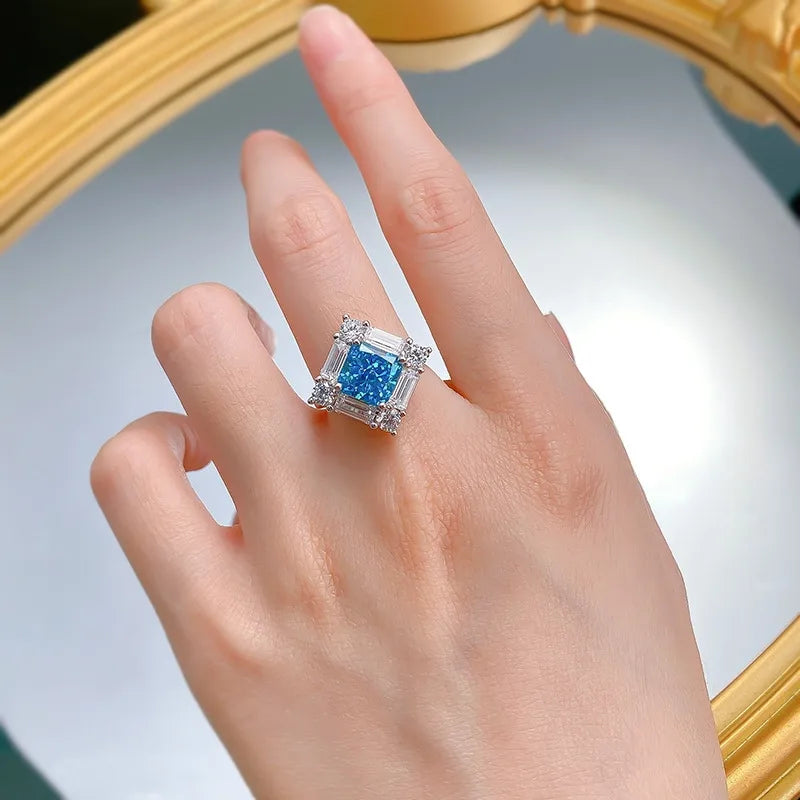 Square blue gem halo ring