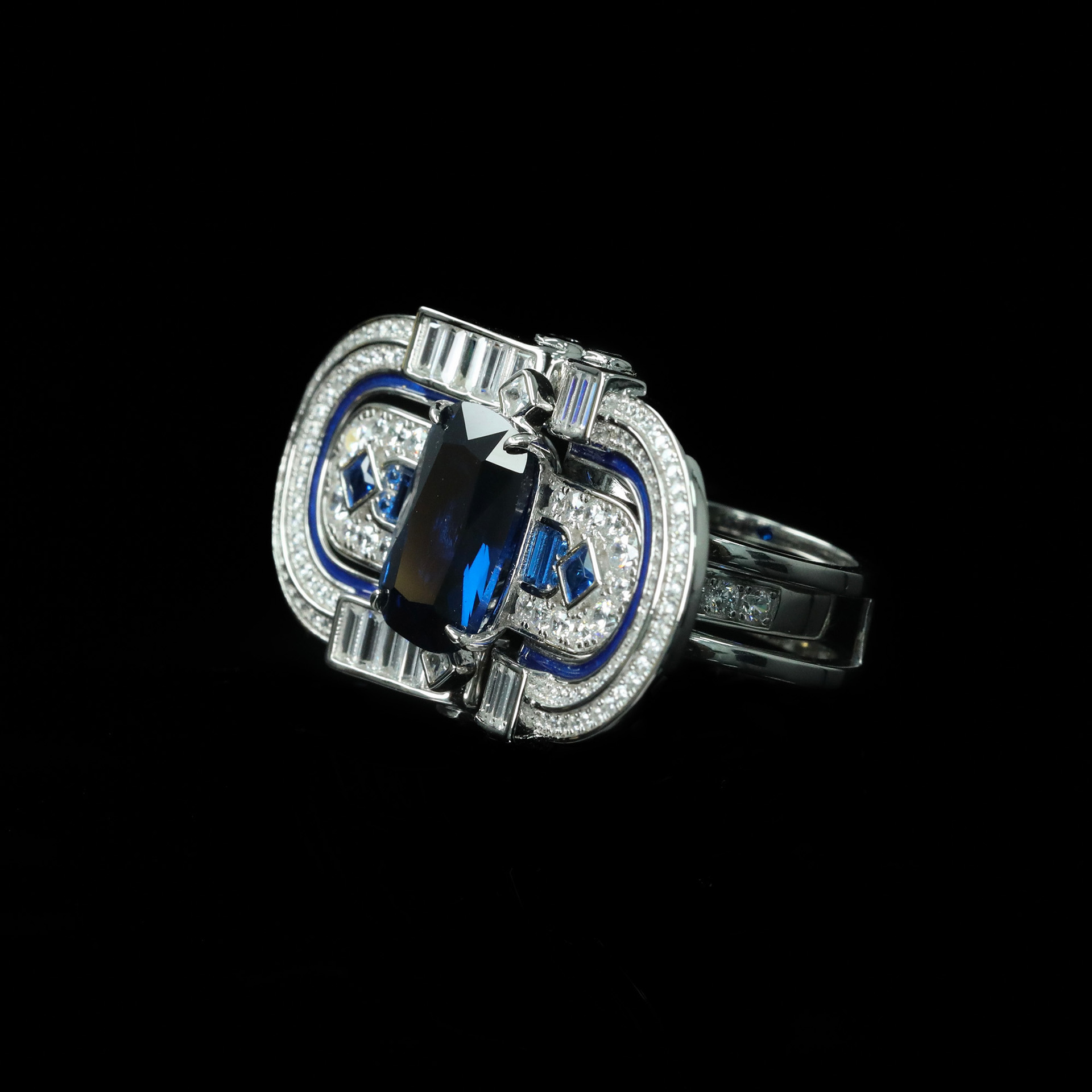 Jewelryay_925silver-blue-Cushion-prong-HighCarbonDiamond-sideview.png